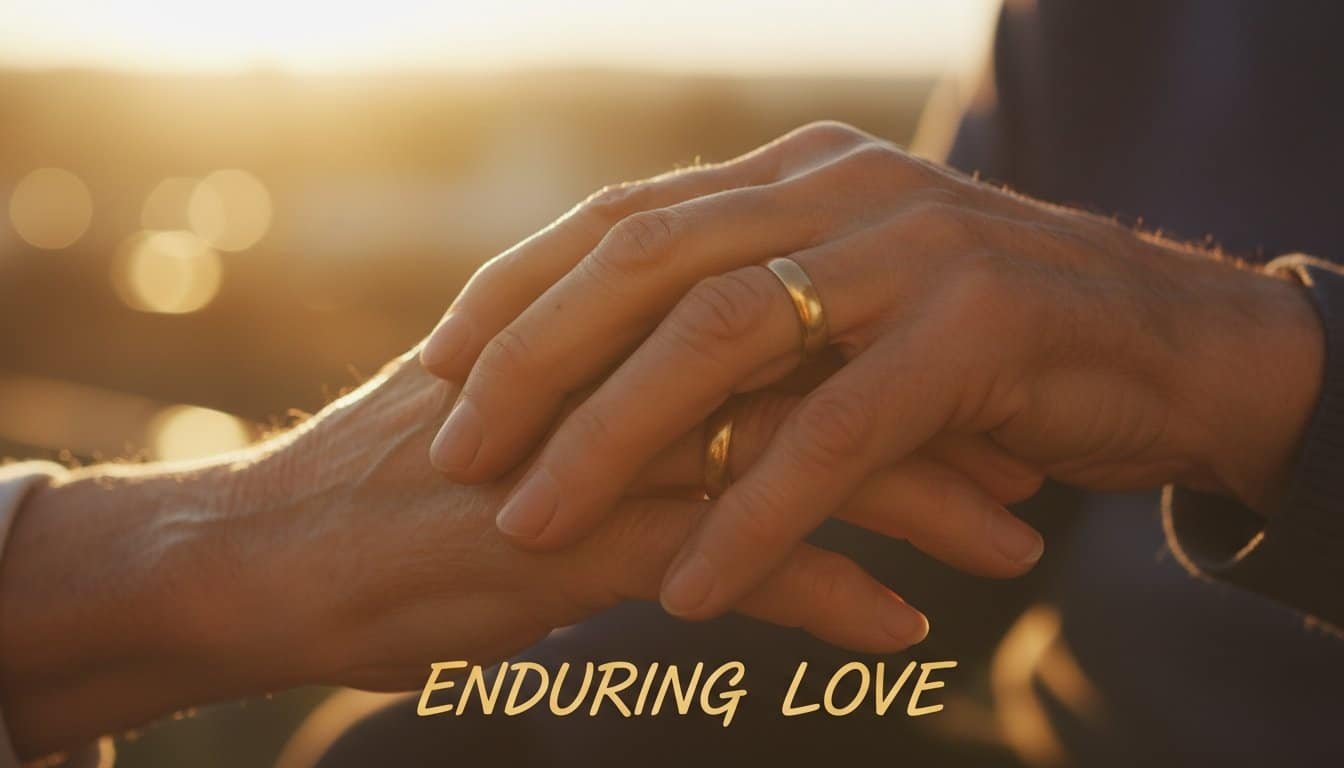 Close-up image of two hands holding each other gently, symbolizing enduring love and faith, with a warm sunset background. Perfect for promoting Christian songs about love, faith, and spiritual connection.