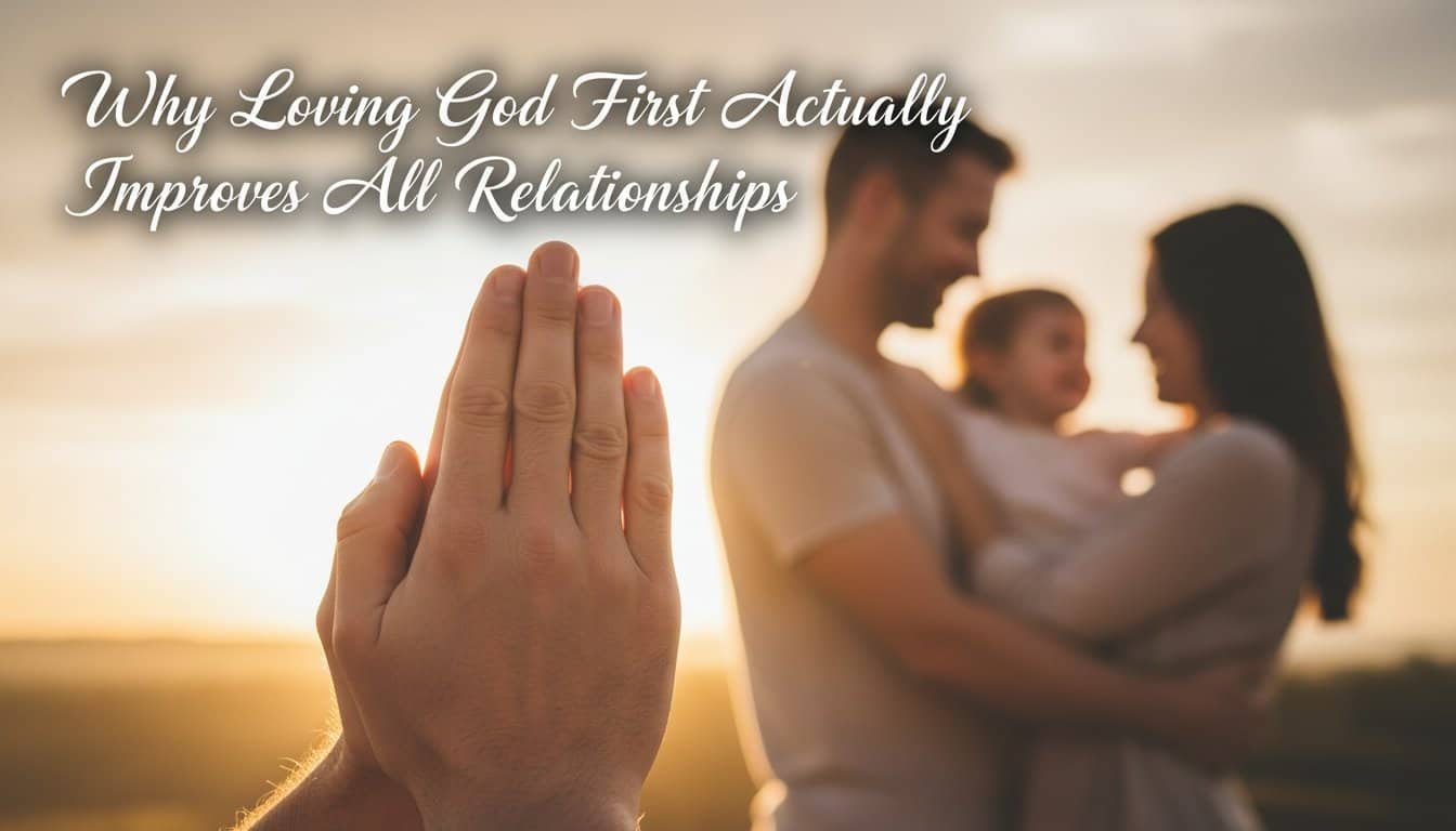 Alt text: Beautiful family embracing at sunset with prayer hands in foreground, highlighting love, faith, and family relationships inspired by biblical principles.