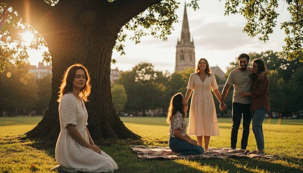 Family enjoying a sunny day in a park, holding hands and smiling, with a historic church steeple in the background, emphasizing faith, love, and togetherness in nature.