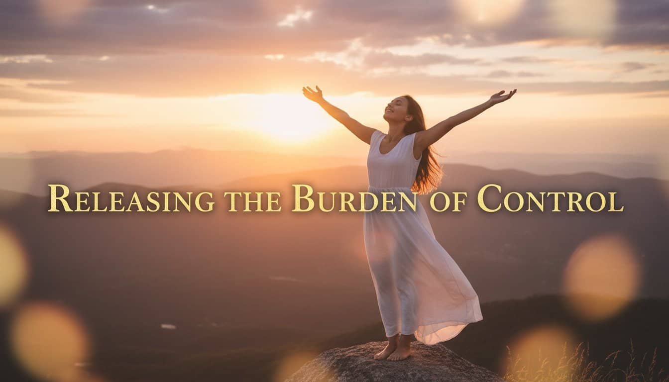 Woman joyfully embracing freedom and faith during sunrise, symbolizing spiritual release and trusting God’s plan. Perfect for Christian worship, prayer, and inspirational Bible songs.