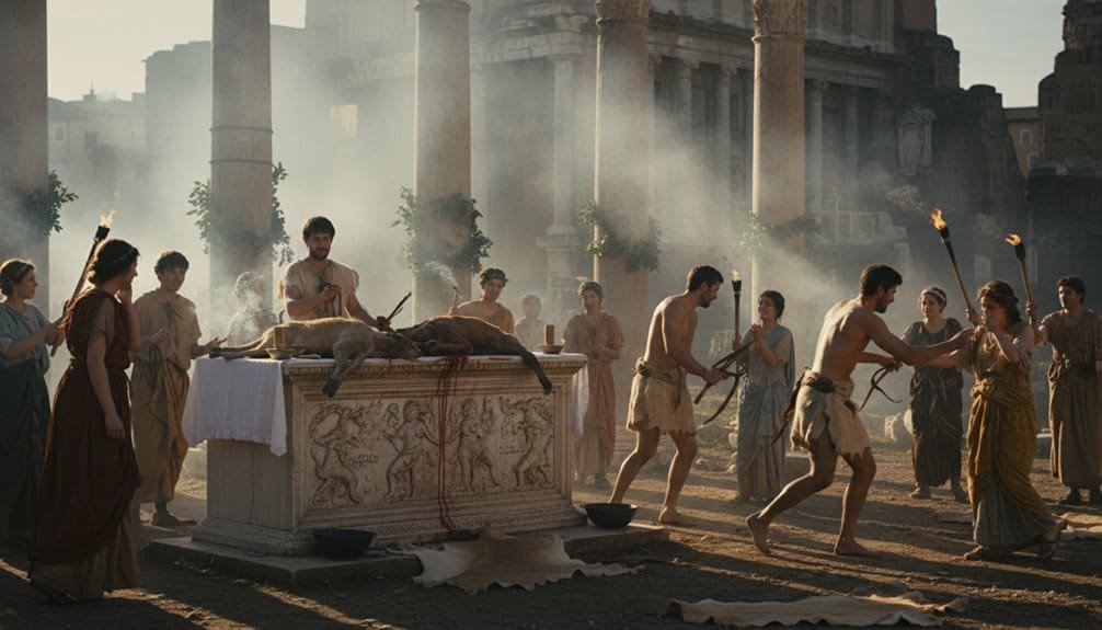 Ancient biblical sacrifice scene with people gathered around an altar, capturing historical and religious significance, perfect for biblical-themed content.