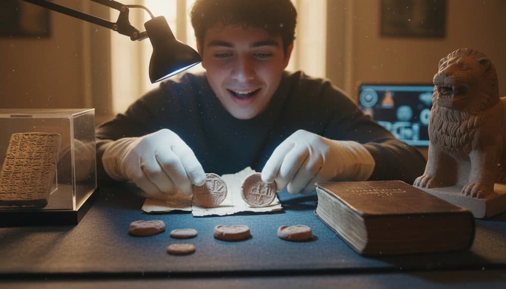 Detailed image of a young man examining ancient coins and Bible artifacts under a lamp, surrounded by biblical history items like a lion statue and old scriptures, highlighting biblical research and religious studies.