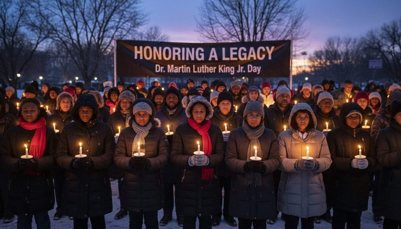 People holding candles during a memorial march for Martin Luther King Jr. Day with a large banner in the background.