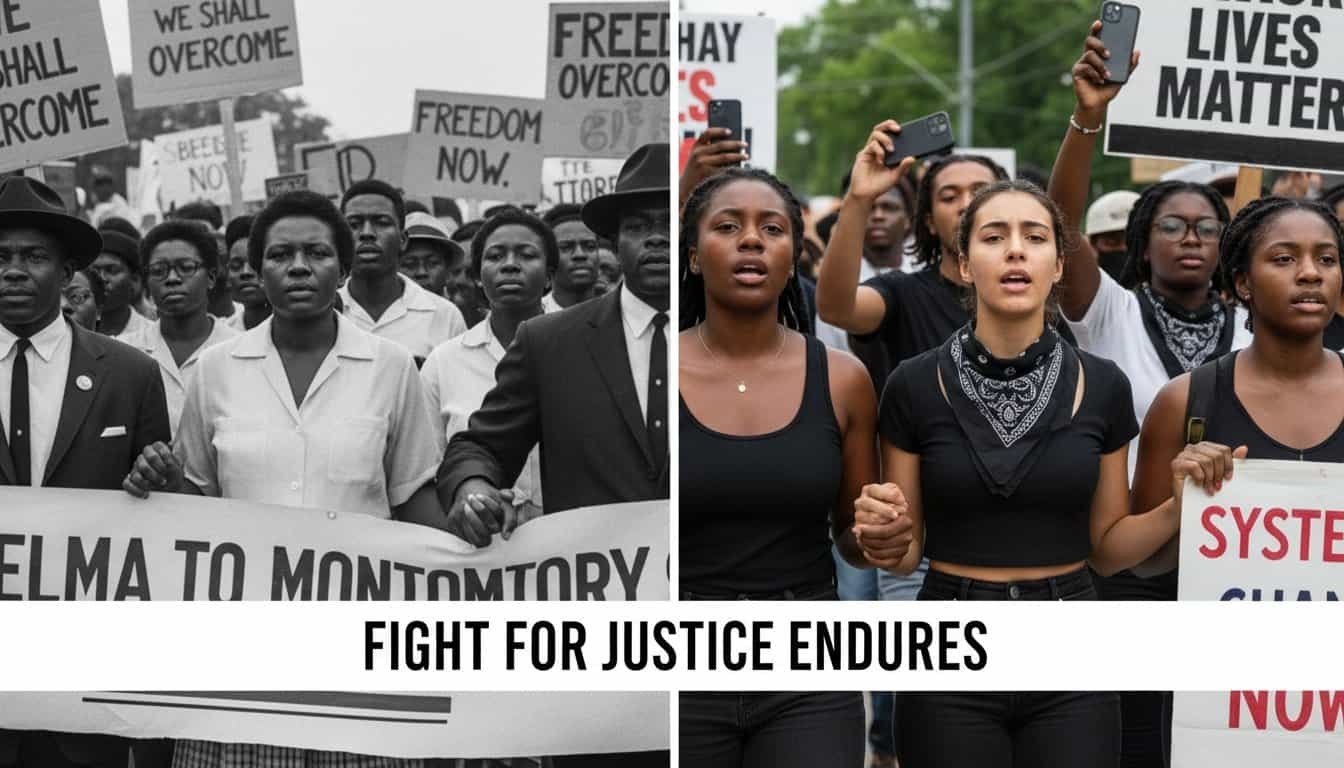 Empowering youth and community workers during a rally for justice and equality. People hold signs demanding freedom, rights, and systemic change, united for a better future.