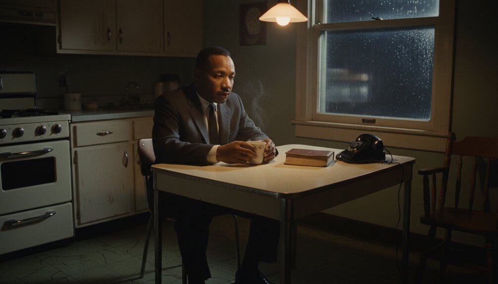 An image of a man in a formal suit sitting alone at a small kitchen table, holding a cup, with a vintage phone and books, creating a contemplative, peaceful atmosphere.
