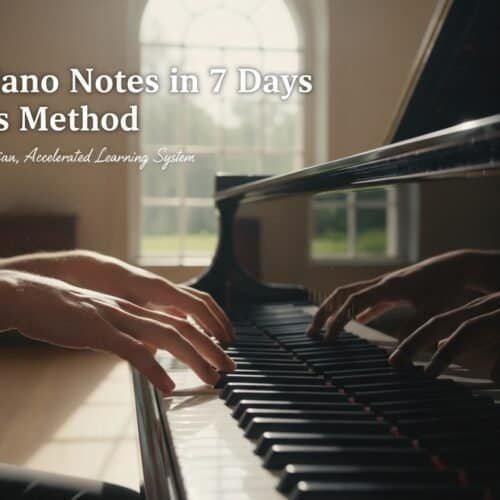 Piano playing by two hands on a black grand piano in a well-lit room with large windows.