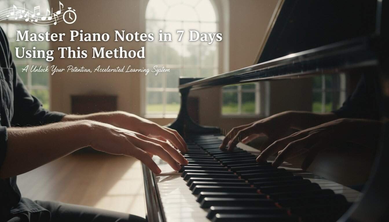 Piano playing by two hands on a black grand piano in a well-lit room with large windows.