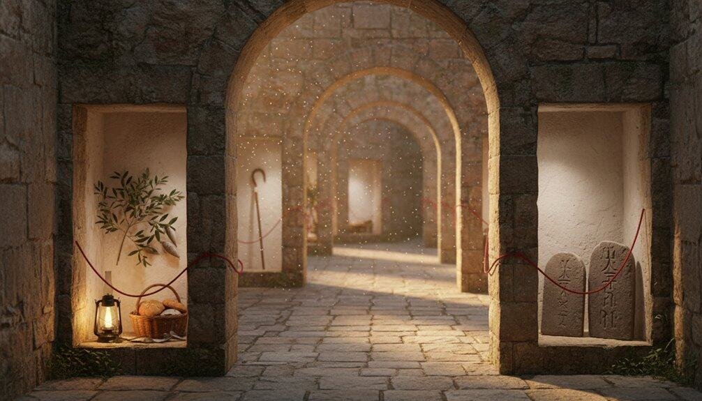 A beautiful stone corridor with illuminated niches holding books and artifacts, inspiring reflection, wisdom, and faith in a sacred, timeless setting.