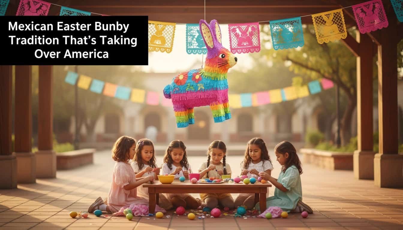 Fun Easter craft activity with children making festive decorations, colorful piñata, and paper banners. Kids celebrate Easter outdoors with joyful crafts and vibrant decorations, capturing the spirit of the holiday.