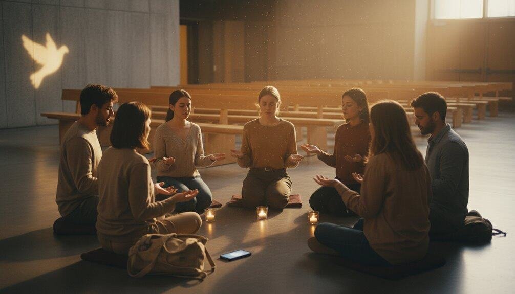Alt text: Peaceful group of people praying together in a circle inside a bright room with candles and a dove shadow on the wall, emphasizing spiritual connection and reflection.
