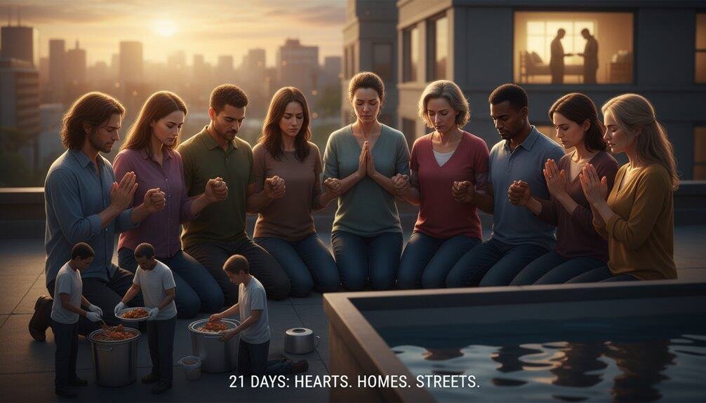 Group of diverse people praying together on rooftop at sunset, with children serving food in the foreground, emphasizing faith, community, and charity aligned with My Bible Song themes.