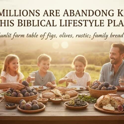 Family at farm table with figs, bread, olives, enjoying biblical lifestyle values.