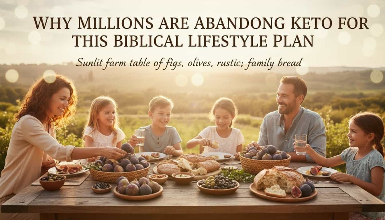 Family at farm table with figs, bread, olives, enjoying biblical lifestyle values.