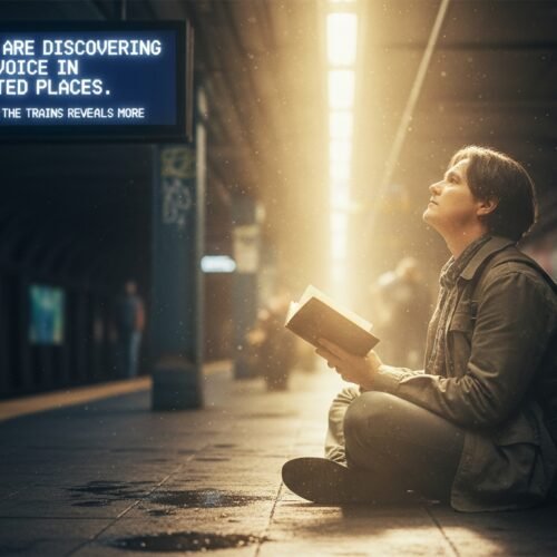 Woman reading the Bible at a train station, reflecting faith and spiritual discovery in unexpected settings, emphasizing the importance of divine guidance and hope.