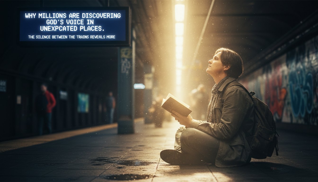 Woman reading the Bible at a train station, reflecting faith and spiritual discovery in unexpected settings, emphasizing the importance of divine guidance and hope.
