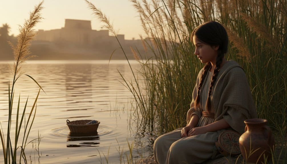 A young girl sitting peacefully by a riverbank during sunset, reflecting faith and spirituality. Ideal for children’s religious content, Bible-based songs, and Christian family resources.