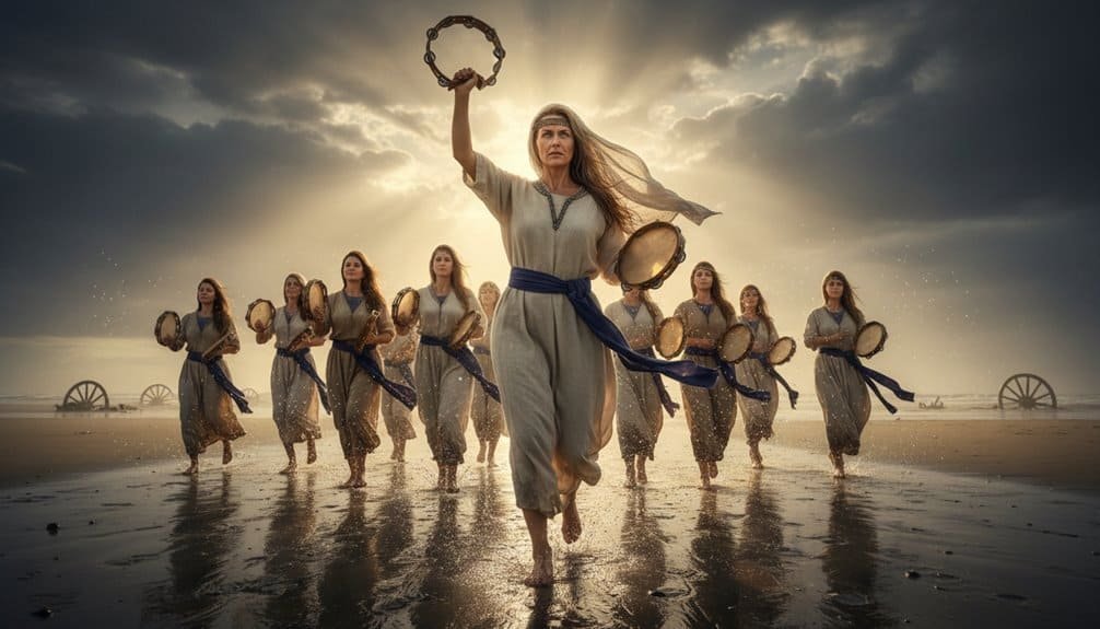Women in traditional garments, holding drums and tambourines, walking on the beach during sunset, emphasizing faith, worship, and biblical themes.