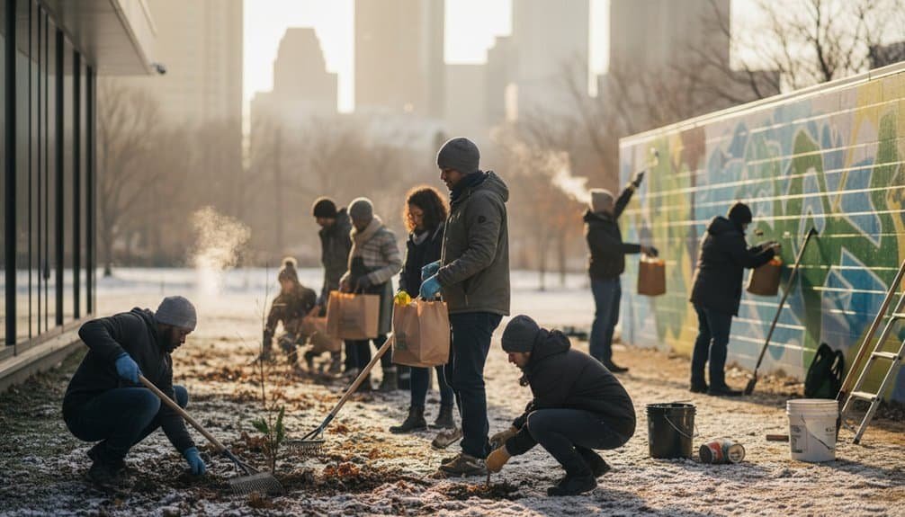 People planting trees outdoors, promoting environmental stewardship and community involvement for a sustainable planet.