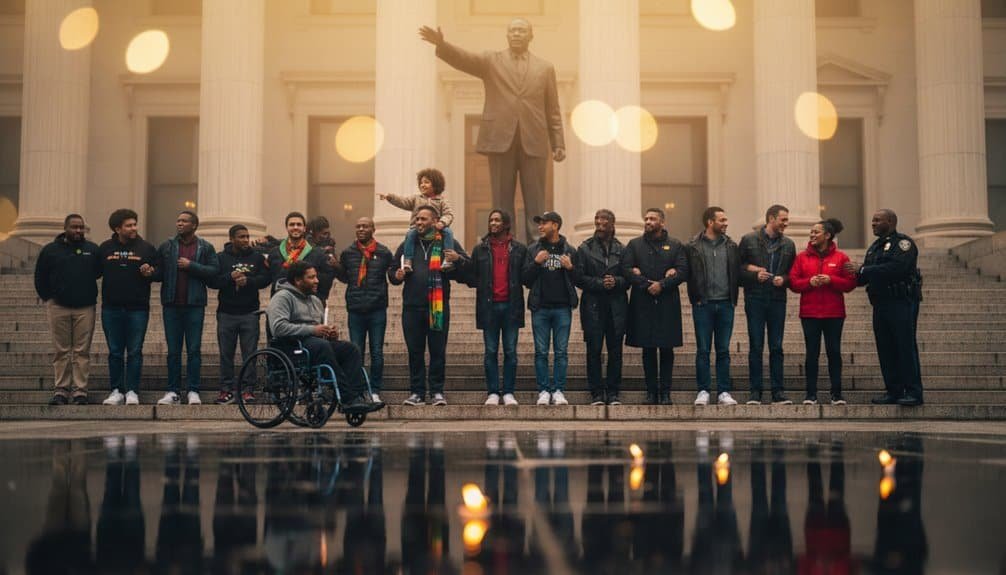 People gathering on church steps for unity and faith celebration, diverse group including an individual in wheelchair, with a prominent statue of a man in the background.