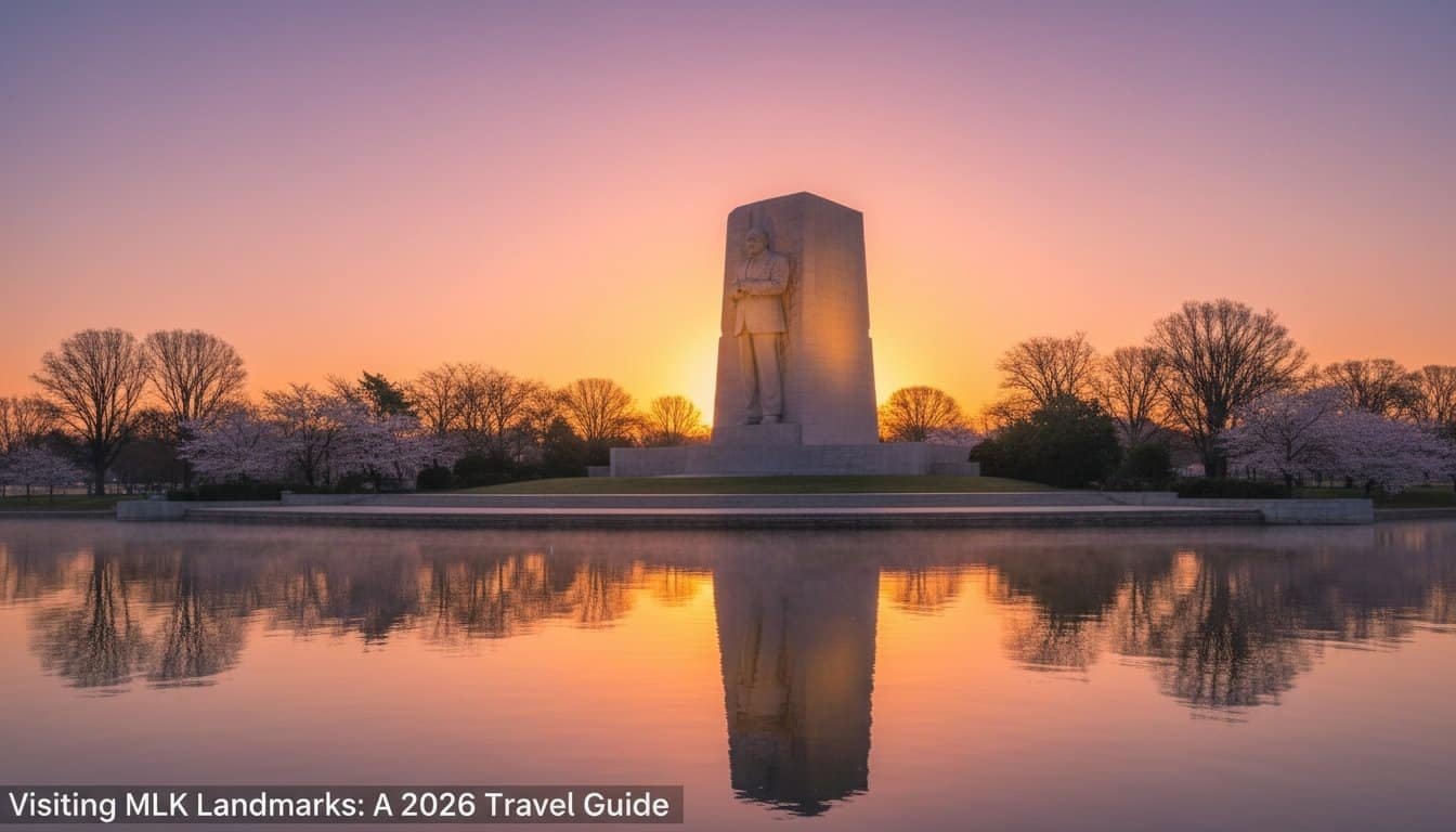 Peaceful sunset at MLK monument in Washington, D.C. with cherry blossoms, reflecting water, and serene sky. Perfect for inspirational and religious-themed content.