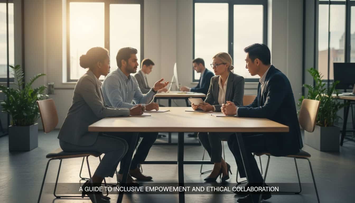 Inclusive workplace discussion on ethics and diversity at a corporate conference.