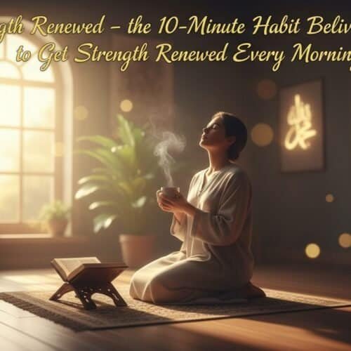 Peaceful woman praying with Bible and steaming cup inside a cozy room with sunlight.