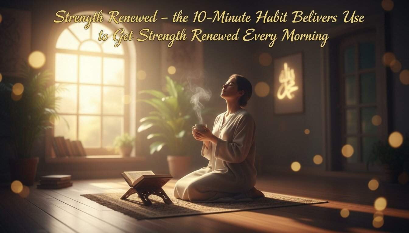 Peaceful woman praying with Bible and steaming cup inside a cozy room with sunlight.