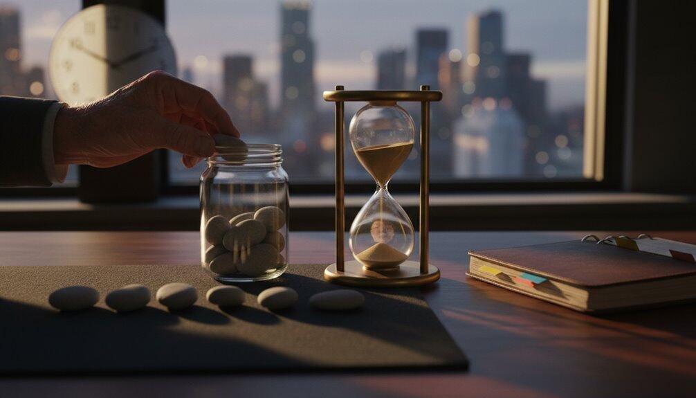 A person places pills in a glass jar on a desk with an hourglass, a notebook, and a cityscape view through the window, symbolizing faith, patience, and spiritual reflection.