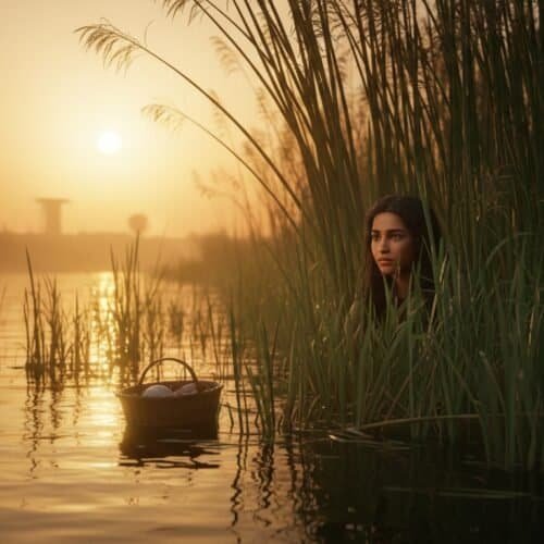 Tranquil lakeside at sunset featuring a girl among reeds, embodying peace, faith, and spiritual connection, ideal for Christian music and Bible song themes.
