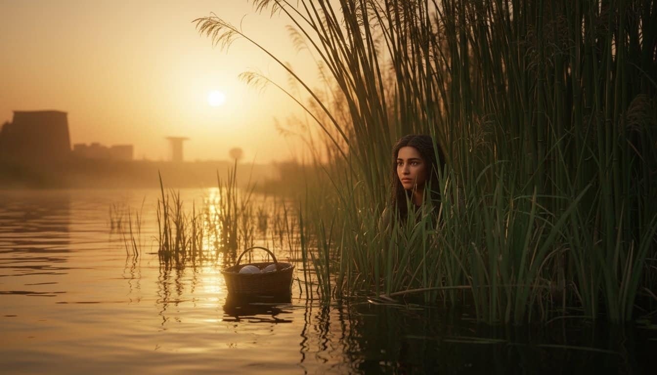 Tranquil lakeside at sunset featuring a girl among reeds, embodying peace, faith, and spiritual connection, ideal for Christian music and Bible song themes.