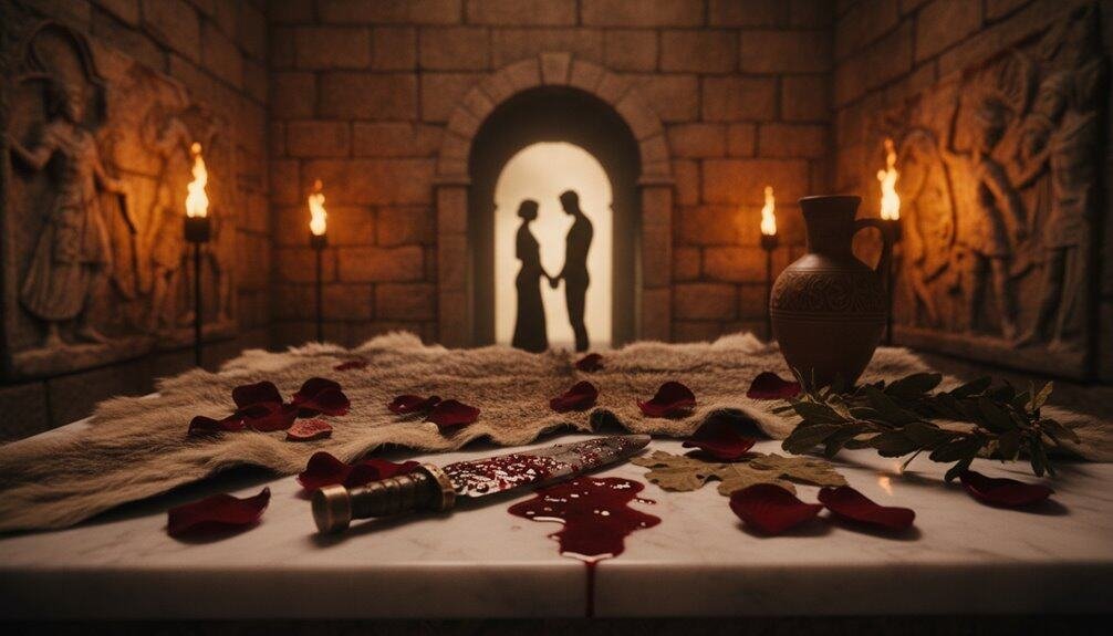 A biblical scene of sacrifice featuring a knife with blood, rose petals, a historic vase, and religious carvings, creating a profound atmosphere of biblical love, faith, and devotion.