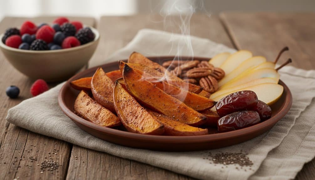 Delicious roasted sweet potato wedges served with fresh pears and pecans on a rustic wooden table, highlighting nutritious snack options for health-conscious individuals.
