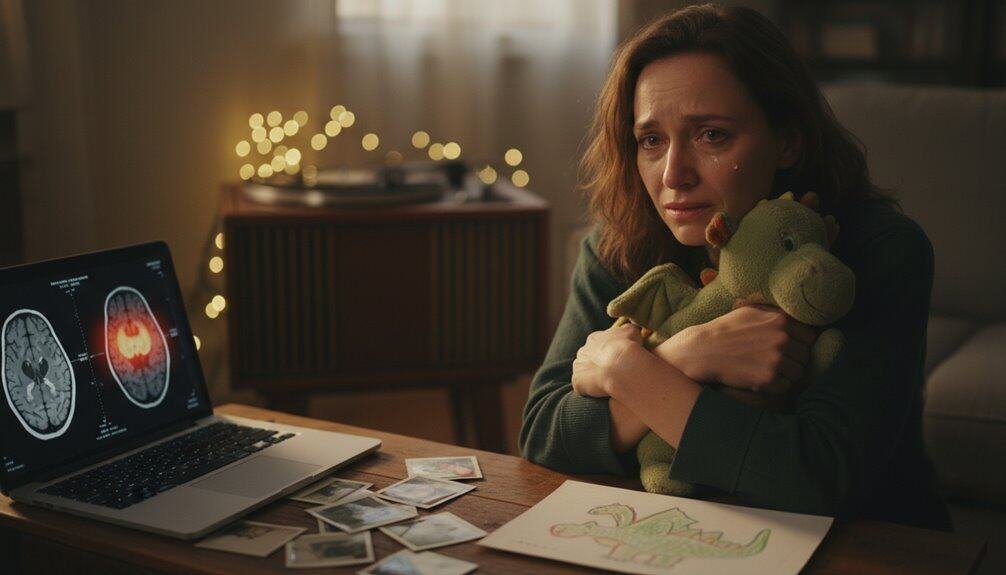 A woman mourns holding a stuffed dinosaur, with MRI brain scans on her laptop showing emotional distress, emphasizing themes of faith, comfort, and healing through religious music and hope.