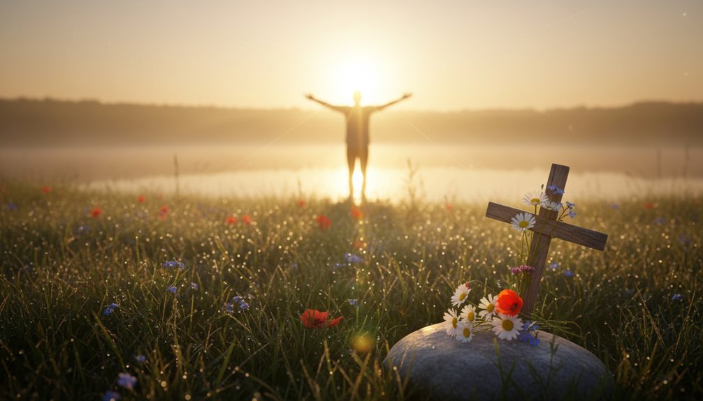 Hope in Jesus Christ during sunrise, with a cross and flowers in a tranquil field, symbolizing faith, spirituality, and divine hope, perfect for religious and inspirational content.