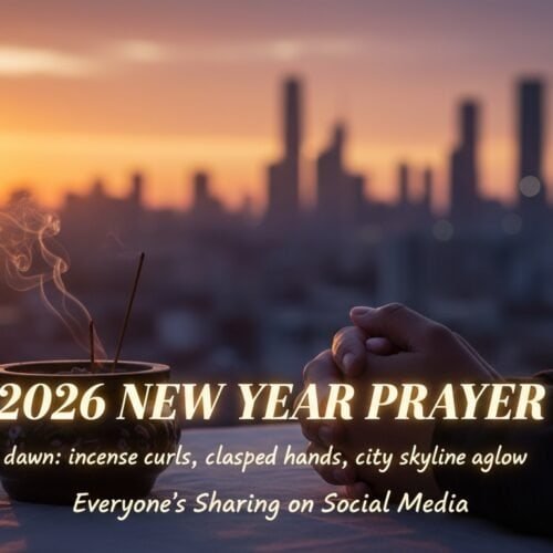 A person praying during sunrise with incense on a city rooftop, symbolizing hope and new beginnings for 2026. Perfect for New Year prayer, spiritual reflection, and social sharing.