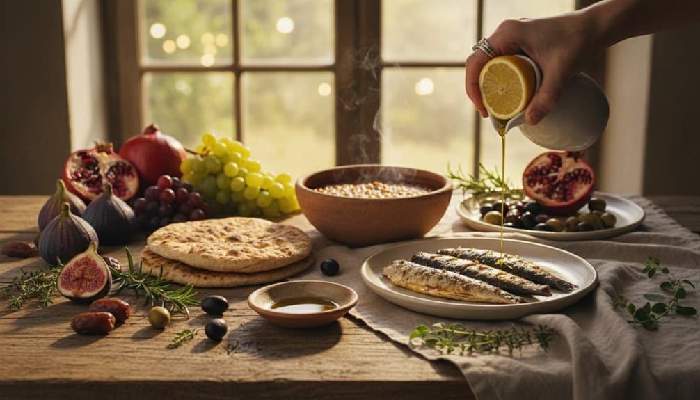 Fresh breakfast with fish, bread, pomegranate, grapes, and herbs in a cozy kitchen setting, emphasizing faith and gratitude in daily life.