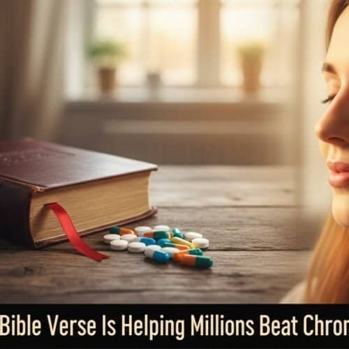 Hopeful woman with closed eyes, peaceful expression, next to Bible and colorful pills, symbolizing faith and healing power through scripture and prayer.