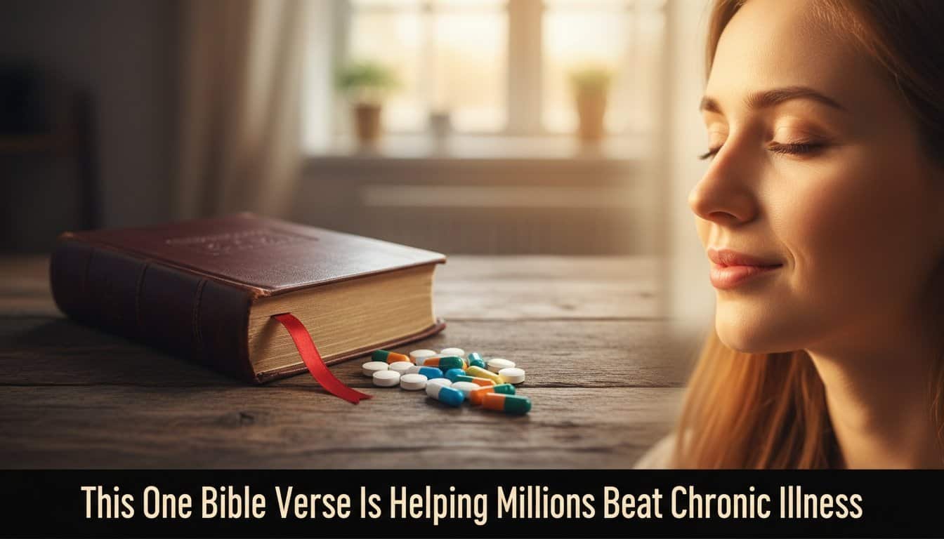 Hopeful woman with closed eyes, peaceful expression, next to Bible and colorful pills, symbolizing faith and healing power through scripture and prayer.