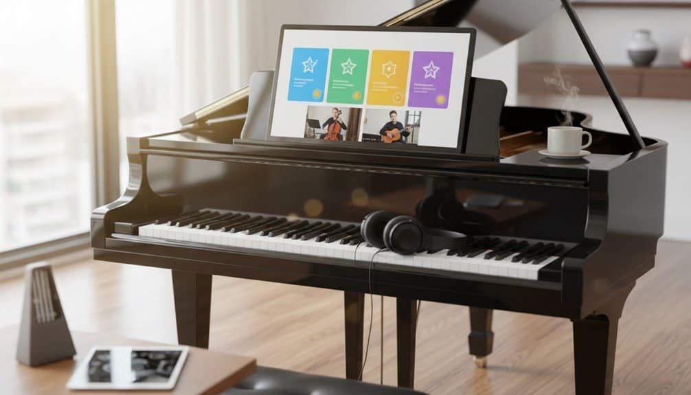 Interactive digital piano for worship, music practice, and online music lessons, featuring a tablet display with Christian songs and tutorials.