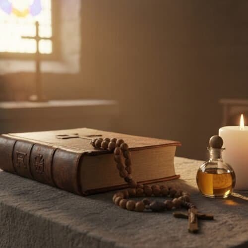 The Only Christian Prayer Tools You Need for Breakthrough in 2026 My Bible Song 2026 A serene religious scene featuring an open Bible, a lit candle, a cross, and prayer beads on a stone altar inside a church with stained glass windows.