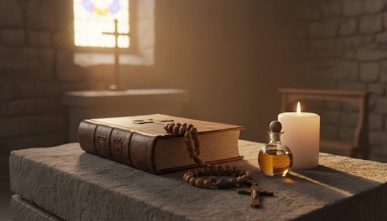 A serene religious scene featuring an open Bible, a lit candle, a cross, and prayer beads on a stone altar inside a church with stained glass windows.