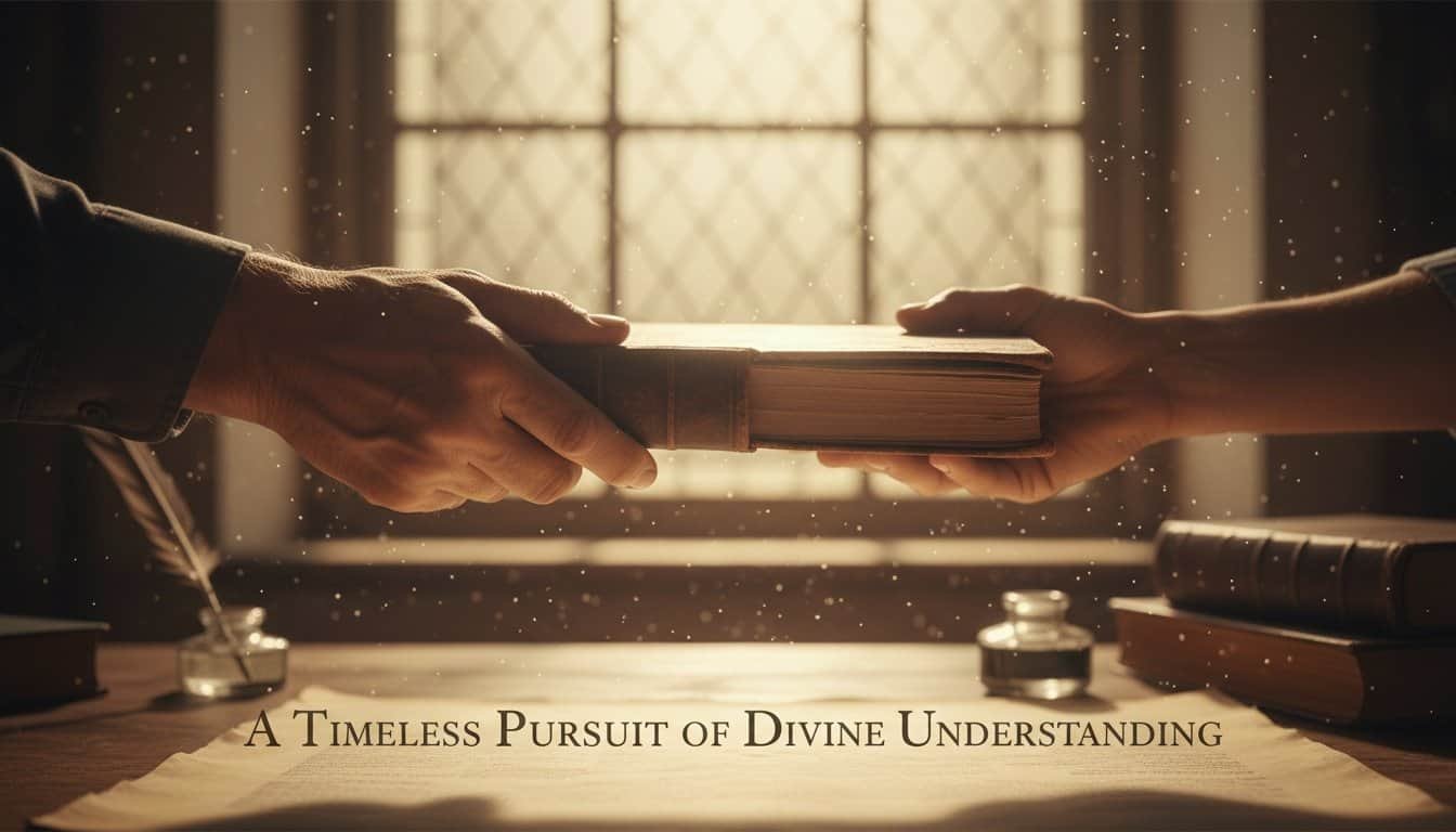 Close-up of two hands exchanging a Bible in a warm, inviting light, symbolizing faith and sharing God's word, perfect for children's religious education.