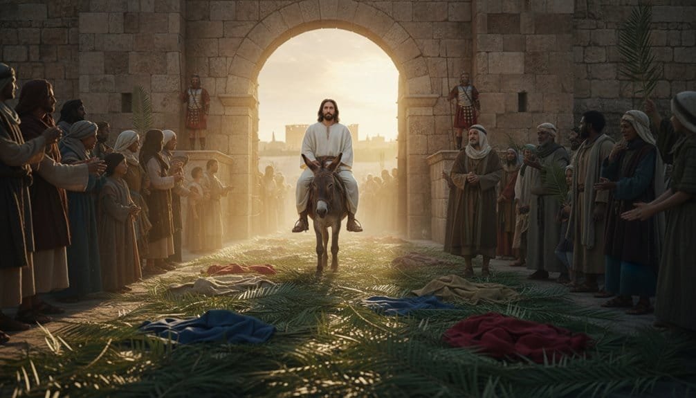 ALT: Jesus riding a donkey through a crowd at the Jerusalem entrance, symbolizing his triumphant entry celebrated in Christian gospel stories.