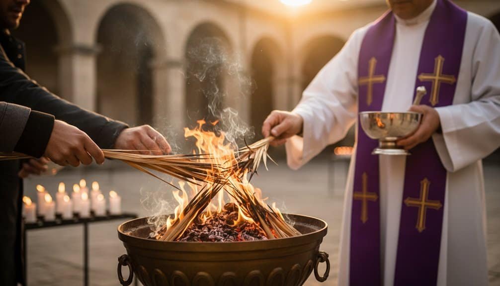 A priest and congregation members hold burning palm branches during a spiritual fire ritual, symbolizing faith and renewal in a religious service at sunset.