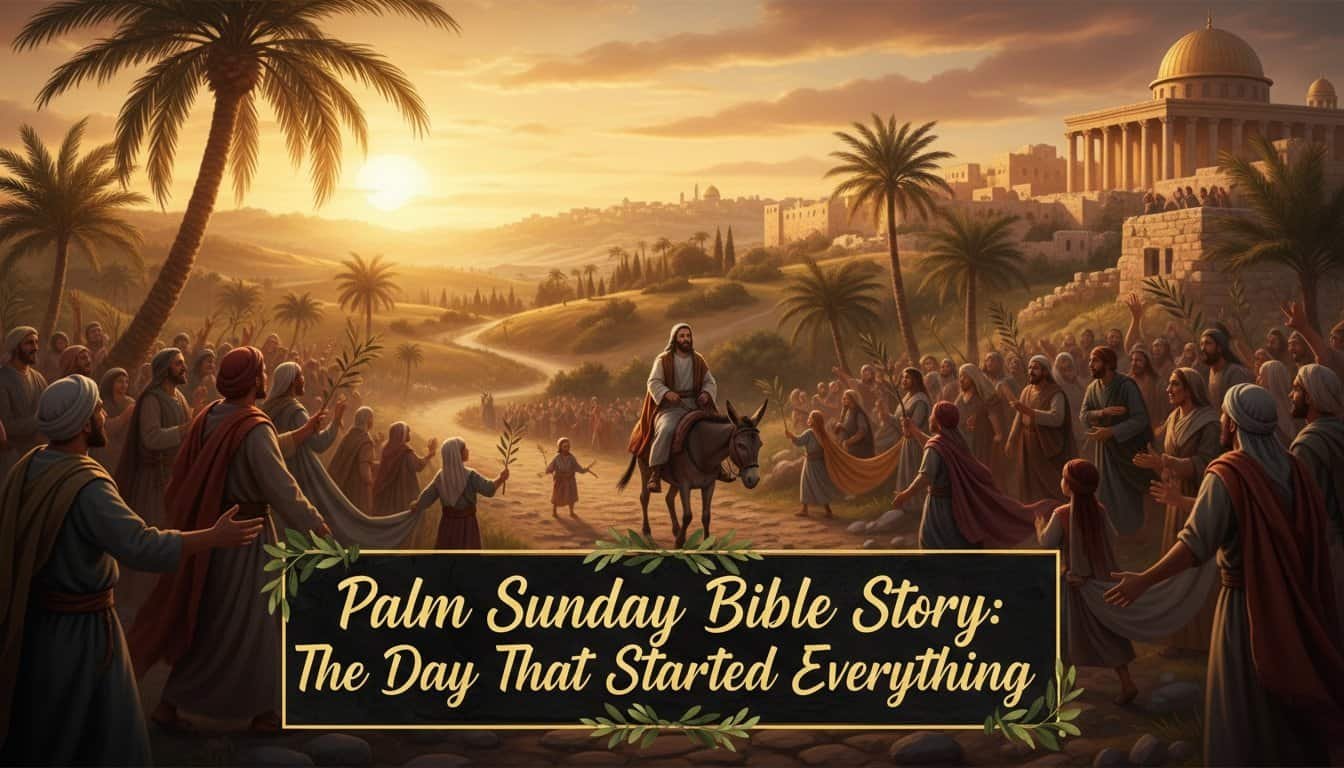 A depiction of Jesus riding a donkey into Jerusalem surrounded by joyful crowd holding palm branches at sunrise.