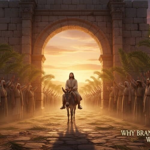 Palm Sunday Meaning: Why Branches Changed World History My Bible Song 2026 Inspirational image of Jesus riding a donkey through an ancient city gate surrounded by palm branches, illustrating the biblical event of Jesus' triumphant entry into Jerusalem, significant for Christian faith and history.