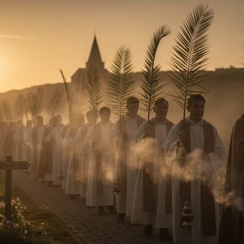 Alt text: Group of priests in traditional robes holding palm branches during a religious procession at sunrise, symbolizing Christian faith and celebration.