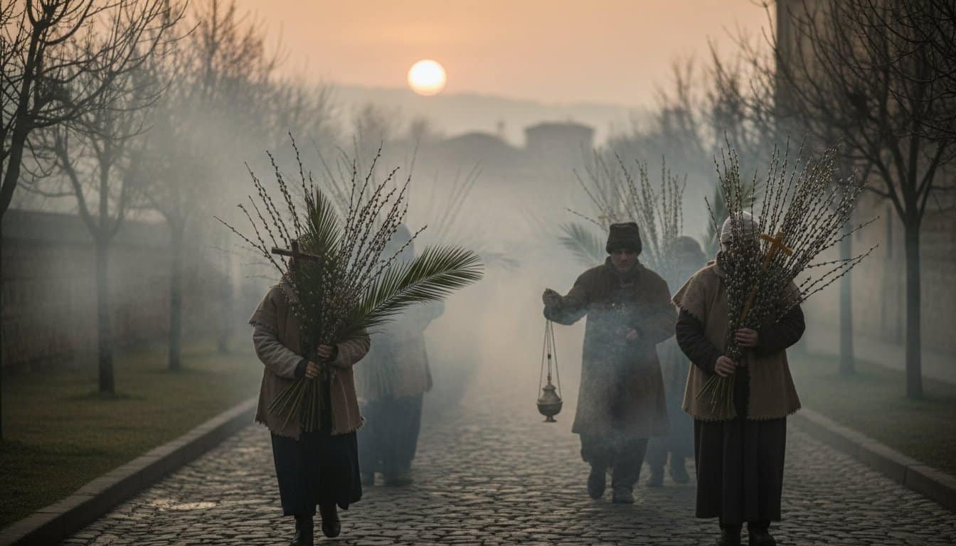 People holding palm branches and candles during outdoor religious celebration at dawn with sunrise background.