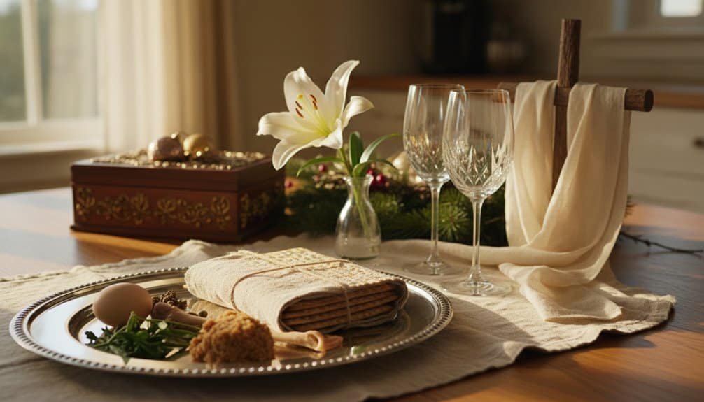 Elegant table setting for a religious meal with a white lily, crystal glasses, and a Bible-themed decoration, symbolizing faith and celebration in Christian tradition.