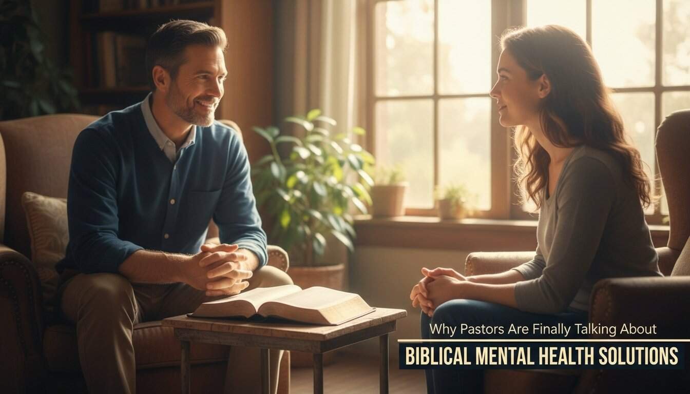 Engaging image of a pastor and a woman having a meaningful conversation, highlighting biblical mental health solutions.